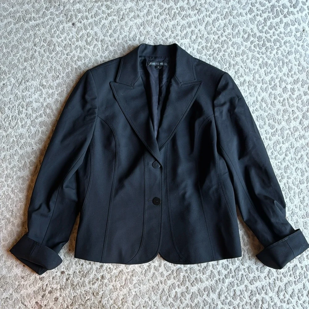Lafayette 148 New York Black Wool Two-Button Blazer Jacket, size 10